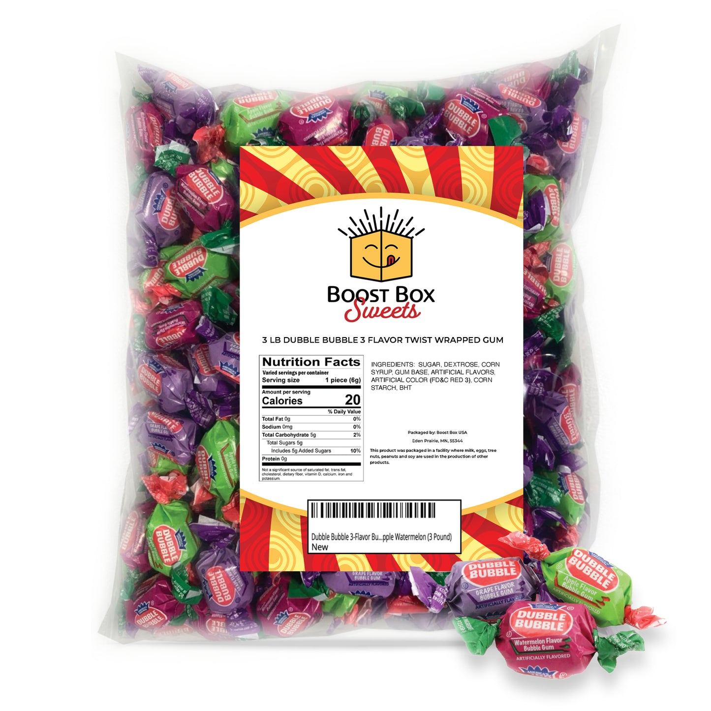Dubble Bubble 3-Flavor Bubblegum Individually Twist Wrap Bulk Candy Grape Apple Watermelon (3 Pound)