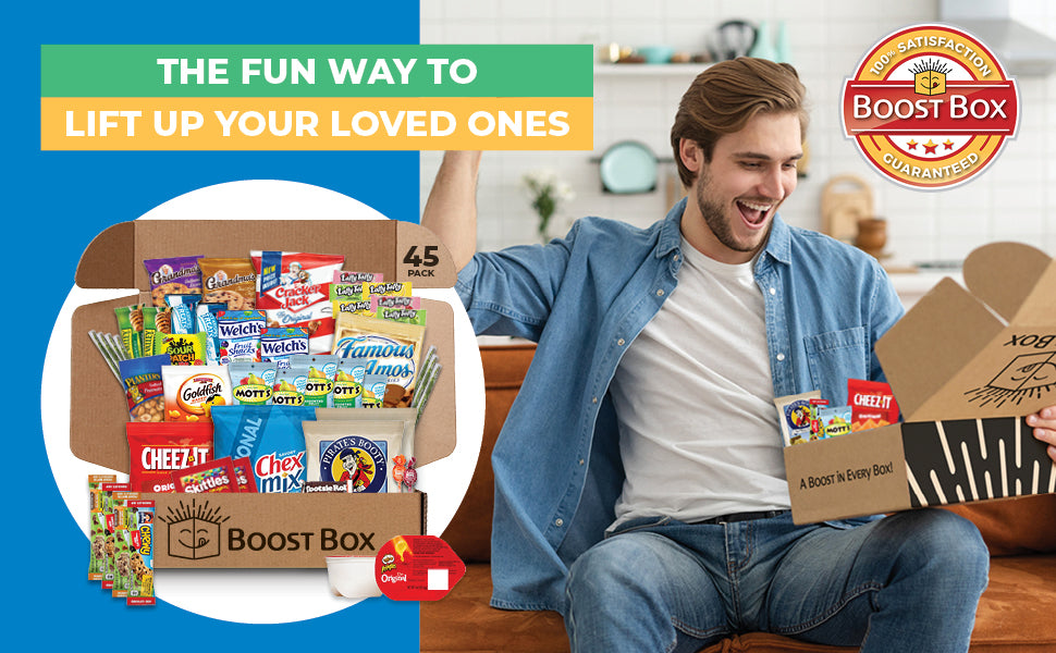 BOOST BOX (45) – Premium Snack Boxes, Care Packages & Gifts Baskets for Kids, College Students, Girls & Boys – Candy Food Bundle Packs for Birthdays, Final Exam, Halloween, Valentines, Christmas