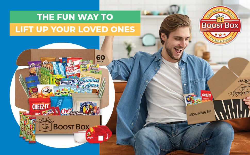 BOOST BOX (60) – Premium Snack Boxes, Care Packages & Gifts Baskets for Kids, College Students, Girls & Boys – Candy Food Bundle Packs for Birthdays, Final Exam, Halloween, Valentines, Christmas