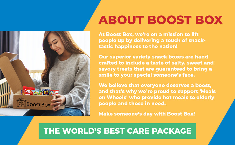 BOOST BOX (60) – Premium Snack Boxes, Care Packages & Gifts Baskets for Kids, College Students, Girls & Boys – Candy Food Bundle Packs for Birthdays, Final Exam, Halloween, Valentines, Christmas